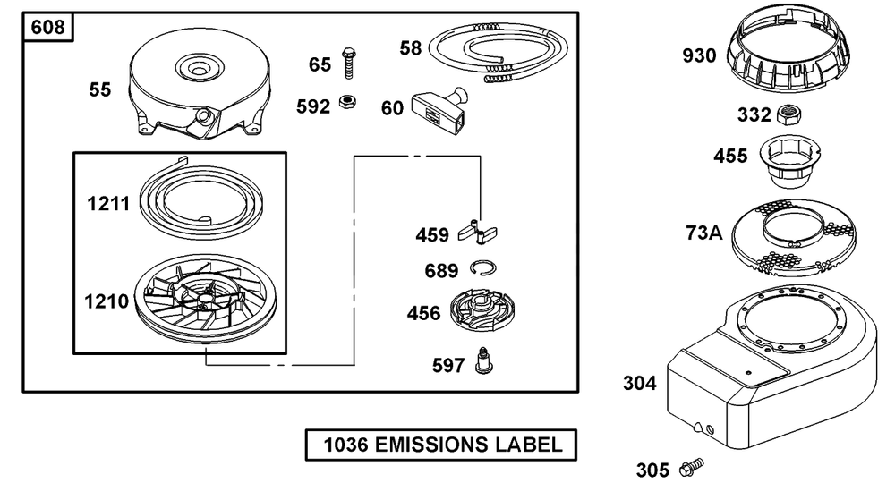 Rewind Group, Blower Housing Diagram and Parts List for 10C902-2033-XX  Briggs and Stratton Engine